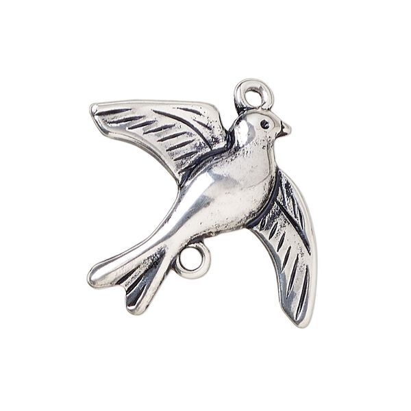Charm, antique silver-plated "pewter" (zinc-based alloy), 30x25mm flying bird. Sold individually. image number 0