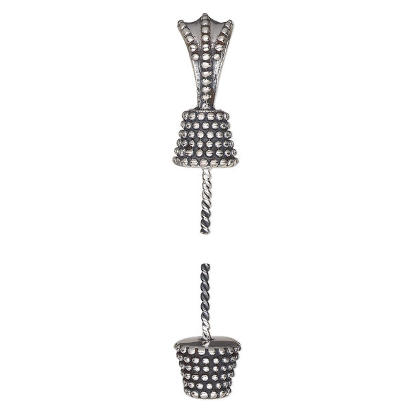 Bail, antiqued sterling silver, 16x7mm beaded cap and 7x6mm beaded bottom with 8mm post, fits bead with 1.5-2mm hole. Sold per 2-piece set. image number 0