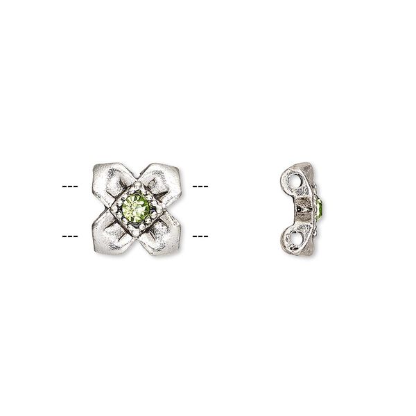 Spacer, glass rhinestone and antique silver-finished "pewter" (zinc-based alloy), green, 10x10mm single-sided 2-strand flower, fits up to 5mm bead. Sold per pkg of 6. image number 0