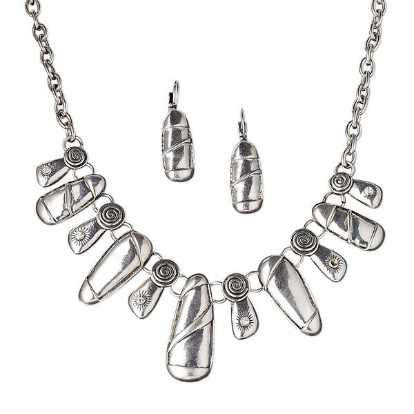Necklace and earring set, glass rhinestone / antique silver-plated "pewter" (zinc-based alloy) / steel, clear, freeform drops, 16 inches with 3-inch extender chain and lobster claw clasp, 40x12mm earrings with leverback ear wire. Sold per set. image number 0