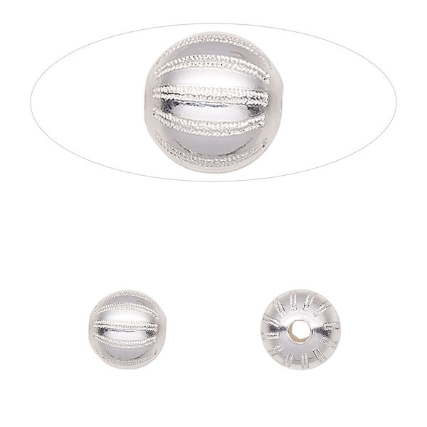 Bead, sterling silver, 8mm fluted round with laser-cut melon design. Sold individually. image number 0