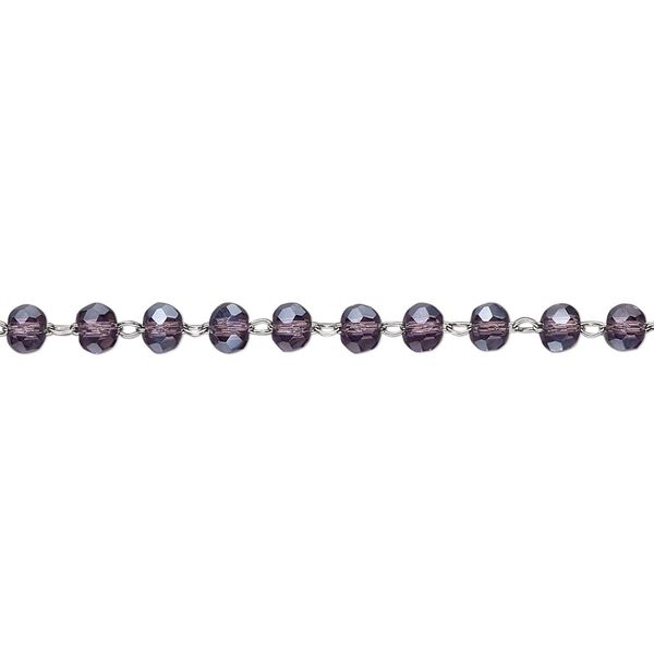 Chain, glass and stainless steel, amethyst purple, 3.5mm faceted rondelle. Sold per pkg of 1 yard. image number 0