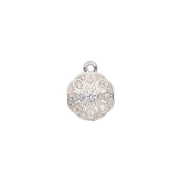 Drop, silver-plated brass and cubic zirconia, clear, 11.5mm flower. Sold individually. image number 0