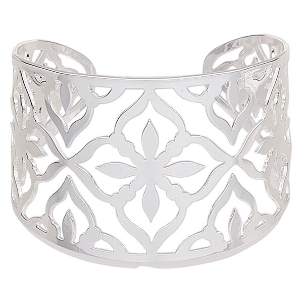 Bracelet, cuff, silver-finished steel, 45mm wide with cutout flower design, adjustable from 8-9 inches. Sold individually. image number 0