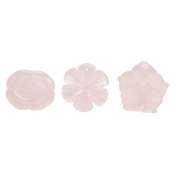 Focal mix, glass, translucent pink, 31x27mm-36x35mm top-drilled carved flower. Sold per pkg of 3. image number 0