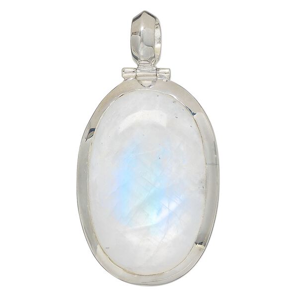 Pendant, rainbow moonstone (natural) and sterling silver, 53x39mm-56x46mm oval. Sold individually. image number 0