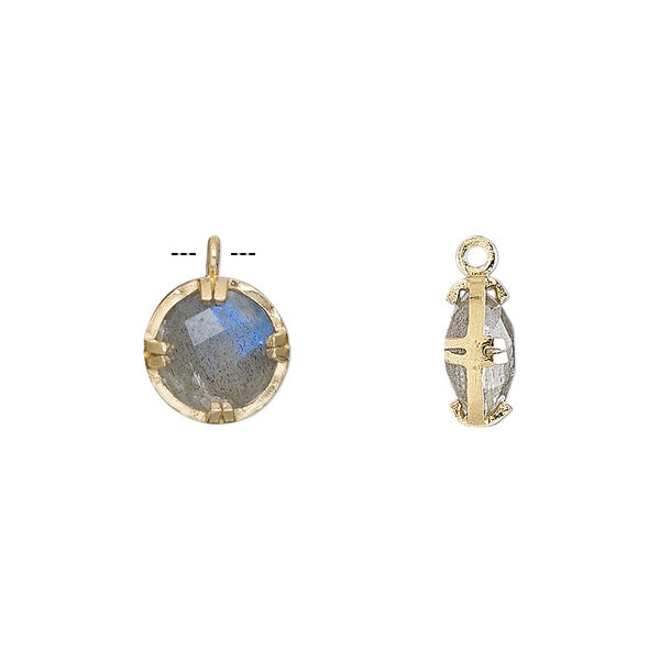 Drop, labradorite (natural) and gold-finished sterling silver, 10mm double-sided faceted round. Sold individually. image number 0