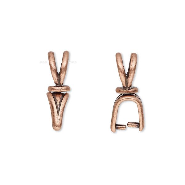 Bail, JBB Findings, ice-pick, antique copper-plated pewter (tin-based alloy), 19x5mm double-sided shield with lines and swivel, 6mm grip length. Sold individually. image number 0