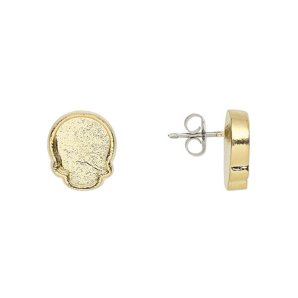 Earstud, Almost Instant Jewelry®, gold-plated "pewter" (zinc-based alloy), 12x10mm skull with 10x7.5mm flat back skull glue-in setting. Sold per pair. image number 0