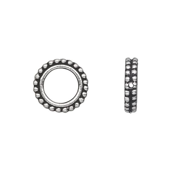 Bead frame, TierraCast®, antique silver-plated pewter (tin-based alloy), 14x3mm beaded flat round, fits up to 8.5mm bead. Sold per pkg of 2. image number 0