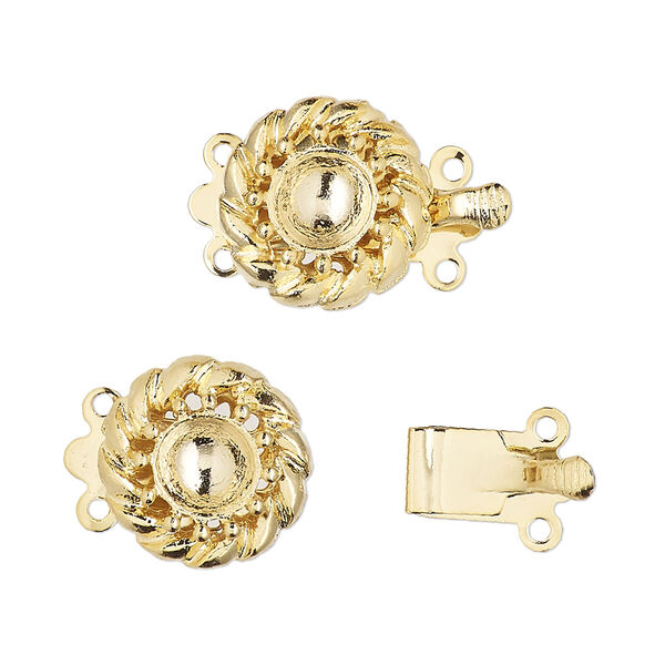 Clasp, 2-strand tab, gold-finished "pewter" (zinc-based alloy), 14mm flower with 6mm round setting. Sold per pkg of 2. image number 0