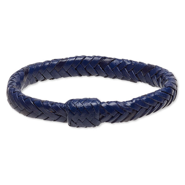 Bracelet, bangle, leather (dyed), blue, 15mm wide with braided design, 7-1/2 inches. Sold individually. image number 0
