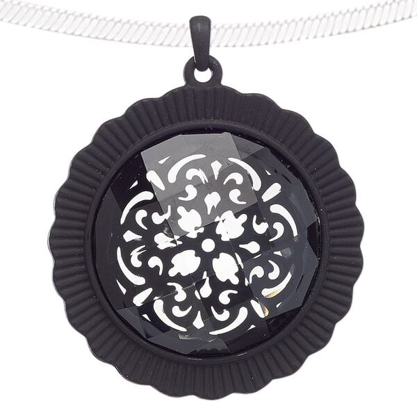 Pendant, acrylic and steel, black and clear, 55mm matte round with flower design. Sold individually. image number 0