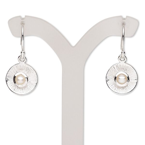 Earring, freshwater pearl (bleached) and sterling silver, white, 25mm with curved round and fishhook ear wire. Sold per pair. image number 0