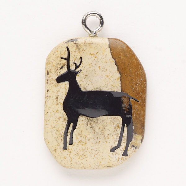 Focal, steel/picture jasper (natural)/enamel, pkg/1, silver finish and black, 30x24mm-39x27mm single-sided puffed freeform with deer, B- grade. image number 0