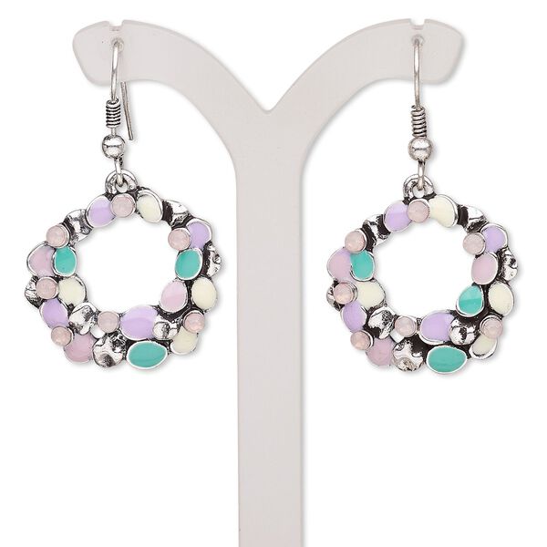 Earring, enamel / glass rhinestone / antique silver-finished brass / "pewter" (zinc-based alloy), multicolored, 43mm with open oval and fishhook ear wire. Sold per pair. image number 0