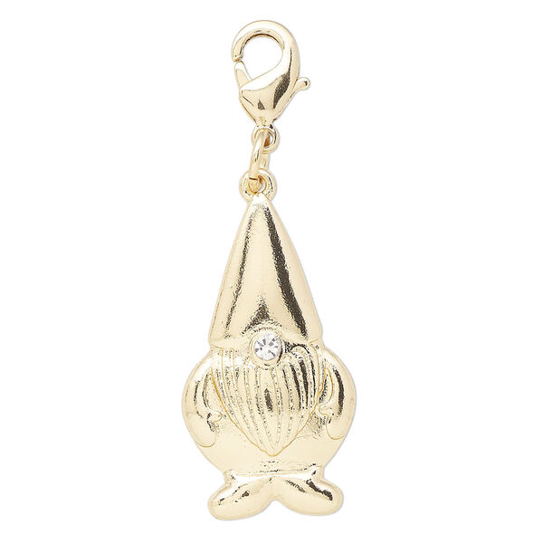 Charm, gold-finished "pewter" (zinc-based alloy) and glass rhinestone, clear, 29x16mm gnome with lobster claw clasp. Sold individually. image number 0
