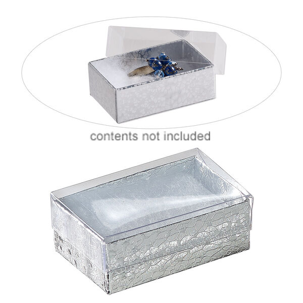 Box, plastic and paper, "cotton"-filled, silver and clear, 2-5/8 x 1-1/2 x 1-inch rectangle. Sold per pkg of 10. image number 0