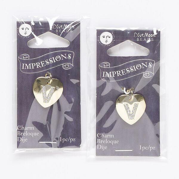 Charm, gold-finished "pewter" (zinc-based alloy) / steel / acrylic rhinestone, clear, 15.5x15mm single-sided puffed heart with letter "V." Sold per pkg of 2. image number 0