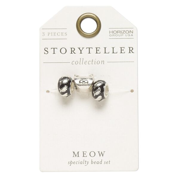 Bead mix, enamel and antique silver-finished "pewter" (zinc-based alloy), black, 12x7mm rondelle with fish design and 11mm cat with 5mm hole. Sold per pkg of 3. image number 0
