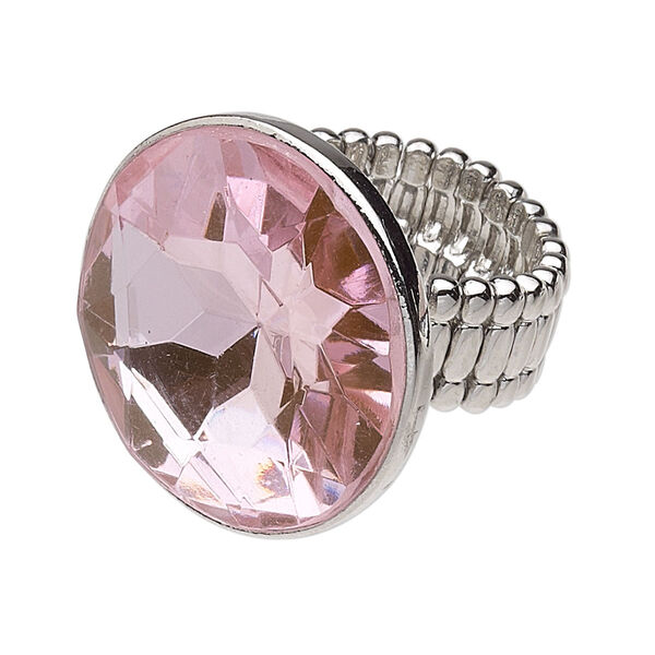 Ring, stretch, acrylic and imitation rhodium-finished copper, pink, 28mm faceted round. Sold individually. image number 0