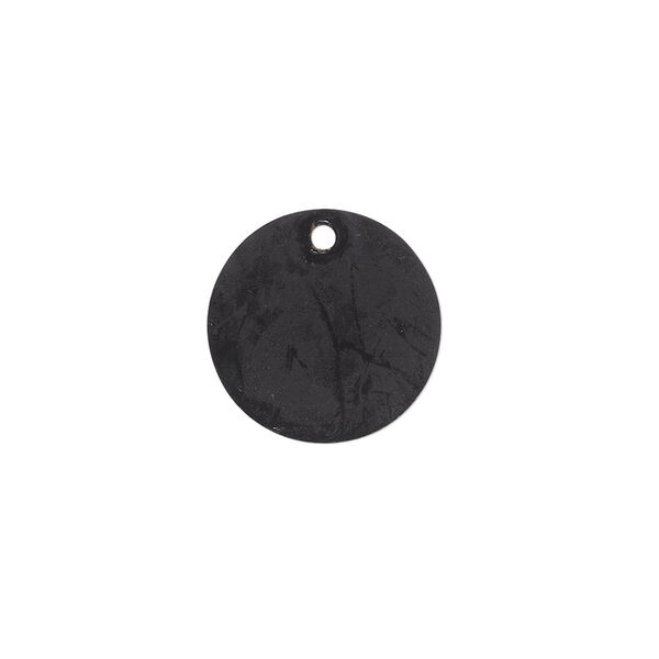 Drop, brass, jewel tone black patina, Pantone® color 19-0508, 15mm double-sided flat round. Sold per pkg of 6. image number 0