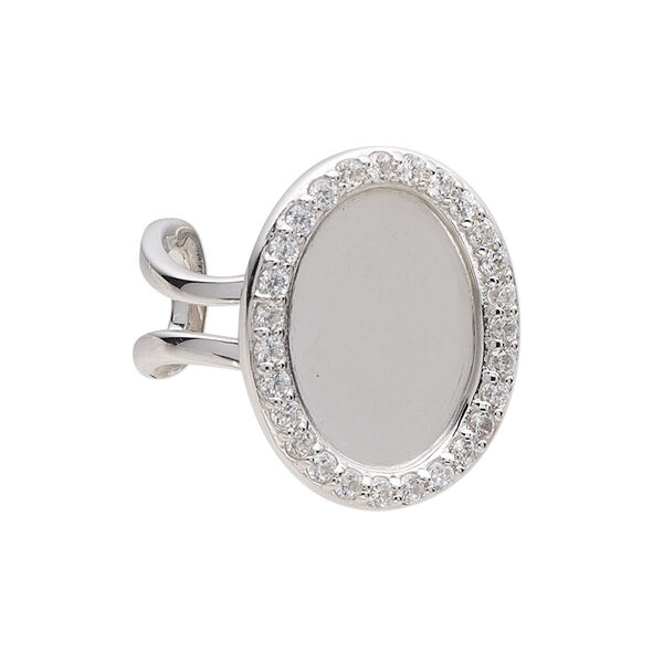 Ring, rhodium-plated sterling silver and cubic zirconia, clear, 24mm wide with 18x13mm oval glue-in setting, adjustable from size 7 to 8. Sold individually. image number 0