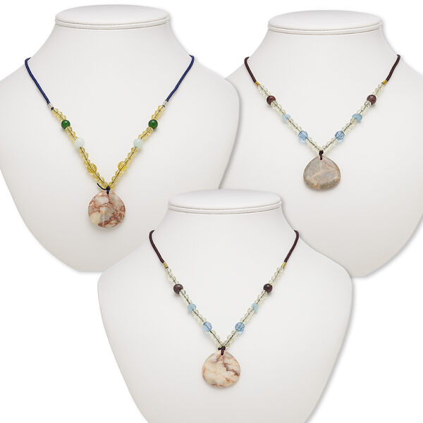 Multi-gemstone / acrylic / glass 1pkg3, teardrop pendant necklace mix continuous loop 20-24 inch 29x28mm-31x31mm image number 0