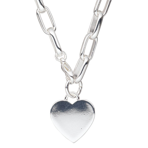 Chain, silver-plated steel and brass, 19x19mm heart, 15" to 16" link chain with lobster claw clasp. Sold individually. image number 0