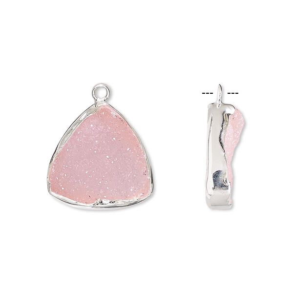 Drop, druzy agate (dyed) and sterling silver, pink, 16x16x16mm single-sided triangle. Sold per pkg of 2. image number 0