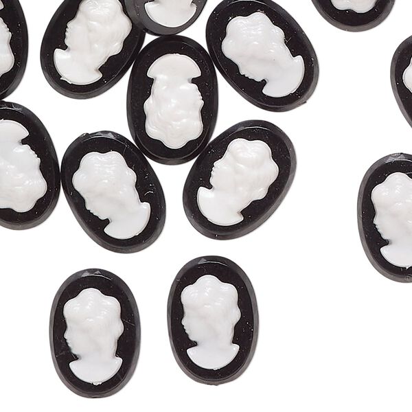 Cameo, acrylic, black and white, 14x10mm non-calibrated oval with lady. Sold per pkg of 50. image number 0