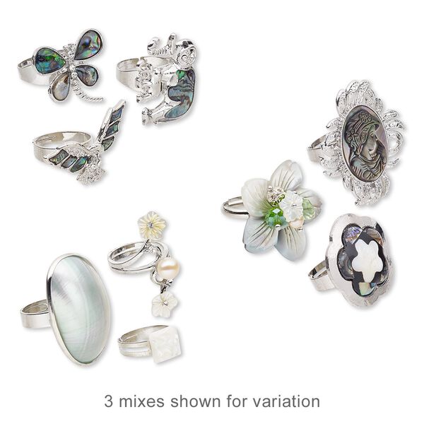 Ring mix, cultured freshwater pearl / multi-shell (natural / dyed / bleached / assembled) / glass / silver-finished steel / "pewter" (zinc-based alloy), mixed colors, 21x15mm-40x36mm mixed shape, adjustable. Sold per pkg of 3. image number 0