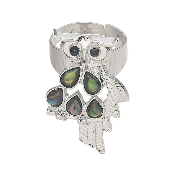 Ring 1pkg1 steel / paua shell /glass rhinestone, 35x21mm owl, natural silver finish / black image number 0