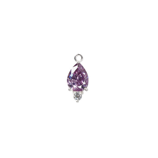 Drop, cubic zirconia and sterling silver, purple and clear, 12x6mm faceted pear. Sold individually. image number 0