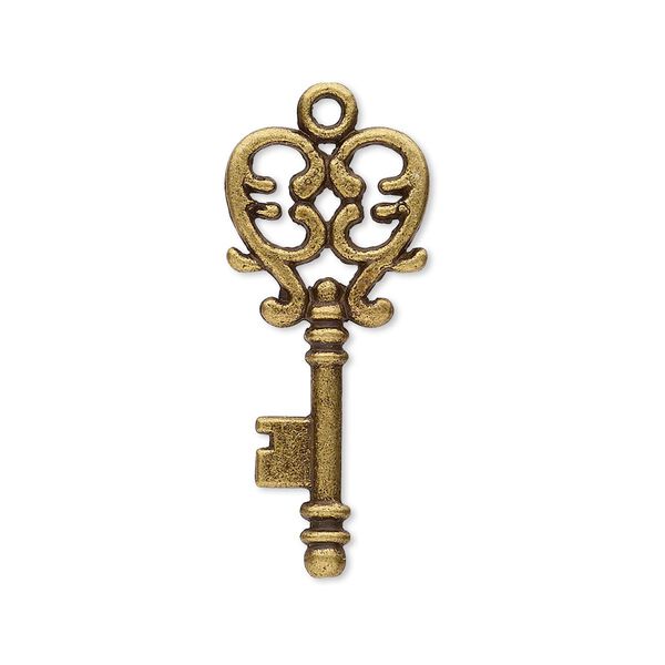 Focal, antique brass-plated "pewter" (zinc-based alloy), 30x13.5mm double-sided key with filigree heart design. Sold per pkg of 12. image number 0