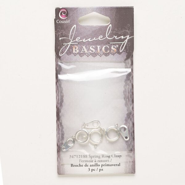 Clasp, springring, brass, pkg/3, silver finish, 8mm round with tabs. image number 0