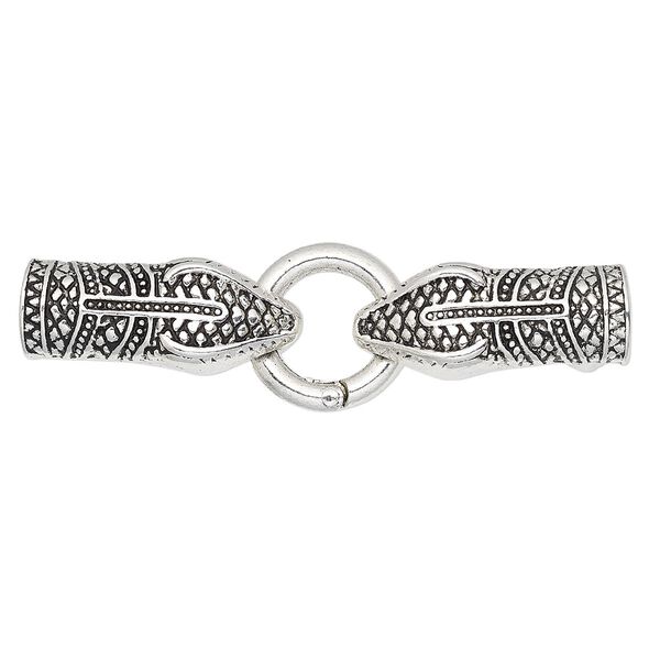 Clasp, self-closing hook, antique silver-finished "pewter" (zinc-based alloy), 72.5x20mm with 32x13.5mm snake head and 20mm jump ring with glue-in ends, 10mm inside diameter. Sold individually. image number 0