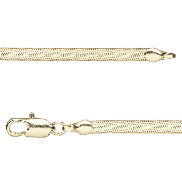 Chain, gold-finished brass, 3mm herringbone, 24 inches with lobster claw clasp. Sold individually. image number 0