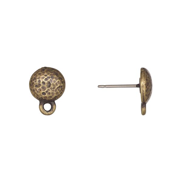 Earstud 1pkg10 TierraCast® antique brass-plated pewter (tin-based alloy) / titanium, 9mm hammered round / closed loop / hammertone collection, 5 pair image number 0