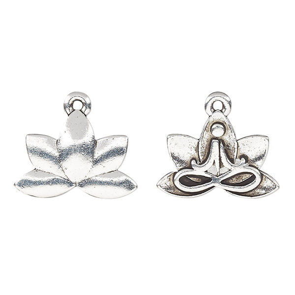 Charm, antique silver-plated pewter (tin-based alloy), 18.5x13mm two-sided lotus with meditation symbol. Sold per pkg of 2. image number 0