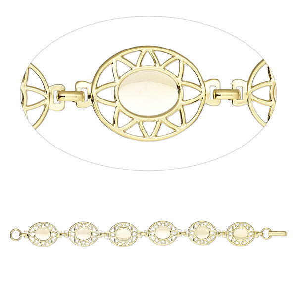 Bracelet component, gold-plated brass, 20x17 fancy oval with (6) 10x8mm oval settings, 7 inches with fold-over clasp. Sold per pkg of 10. image number 0