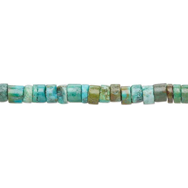 Bead, turquoise (dyed / stabilized), green-brown, 4x1mm-5mm heishi with 0.8-1.1mm hole, C- grade, Mohs hardness 5 to 6. Sold per 15-inch strand. image number 0