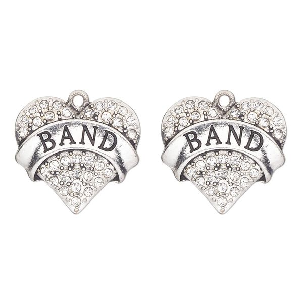 Charm, antique silver-finished "pewter" (zinc-based alloy) and glass, clear, 24x22mm single-sided heart with "band". Sold per pkg of 2. image number 0