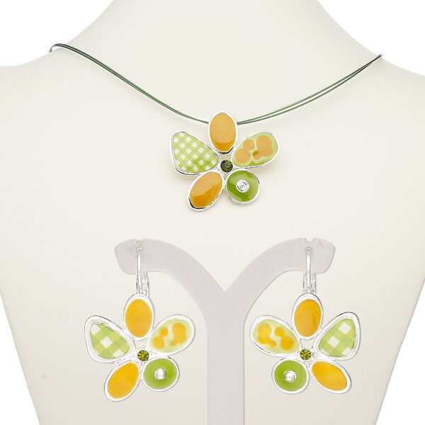 Necklace and earring set, enamel / glass rhinestone / silver-plated steel / "pewter" (zinc-based alloy), green / light green / golden yellow, 52x49mm flower, 18-inch necklace with 2-inch extender chain and lobster claw clasp, 32mm earrings with leverback ear wire. Sold per set. image number 0