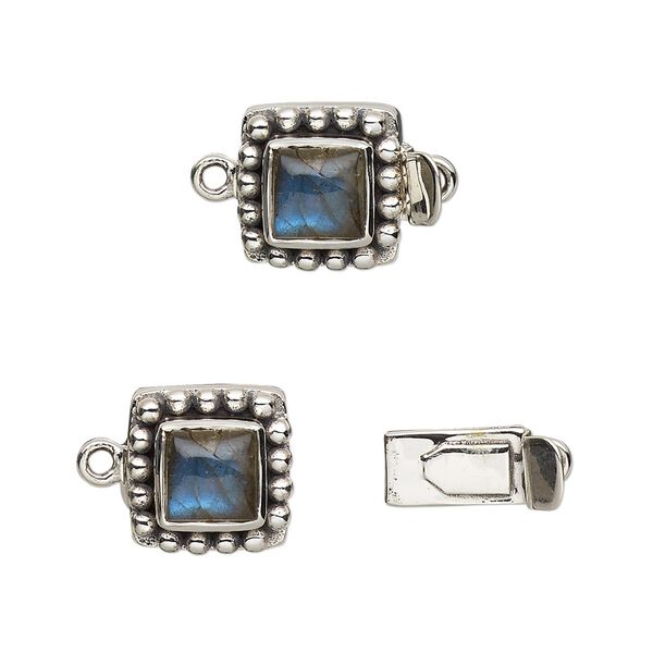 Clasp, tab, labradorite (natural) and antiqued sterling silver, 11x11mm square with 6x6mm domed square. Sold individually. image number 0