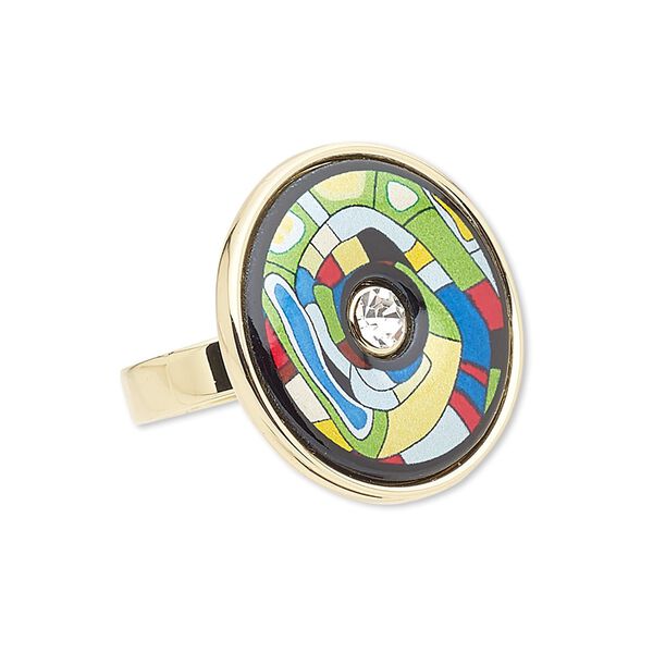 Ring, Avant-Garde Jewelry Collection, enamel / Czech glass rhinestone / gold-plated brass, green / yellow / multicolored, 25mm flat round with abstract design, size 8-1/2. Sold individually. image number 0