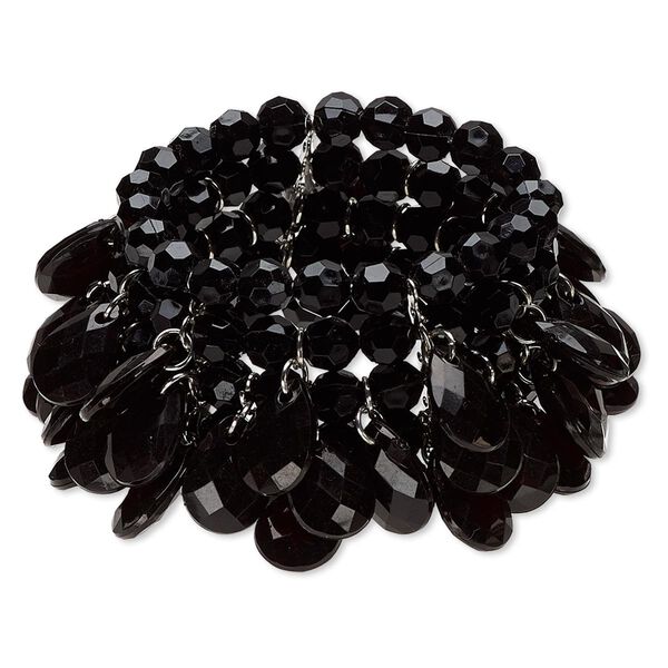 Bracelet, stretch, acrylic and silver-plated steel, black, 38mm wide with round and teardrop, 6-1/2 inches. Sold individually. image number 0