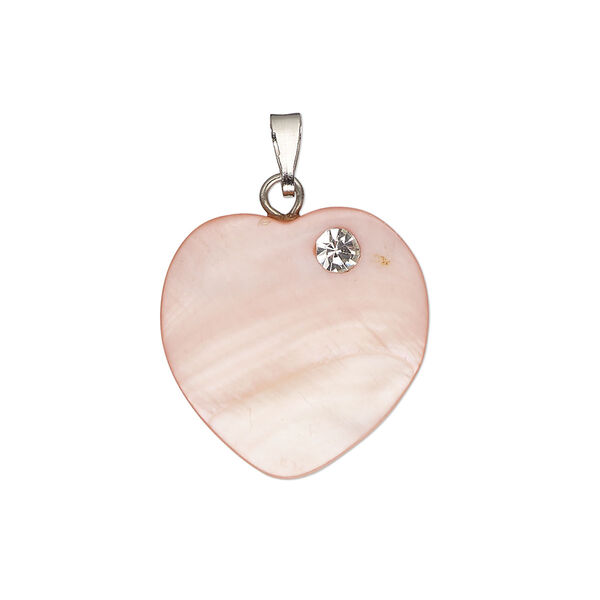 Pendant, antique silver-finished "pewter" (zinc-based alloy) / steel / glass rhinestone / mother-of-pearl shell (dyed), pink, 20mm single-sided heart. Sold individually. image number 0