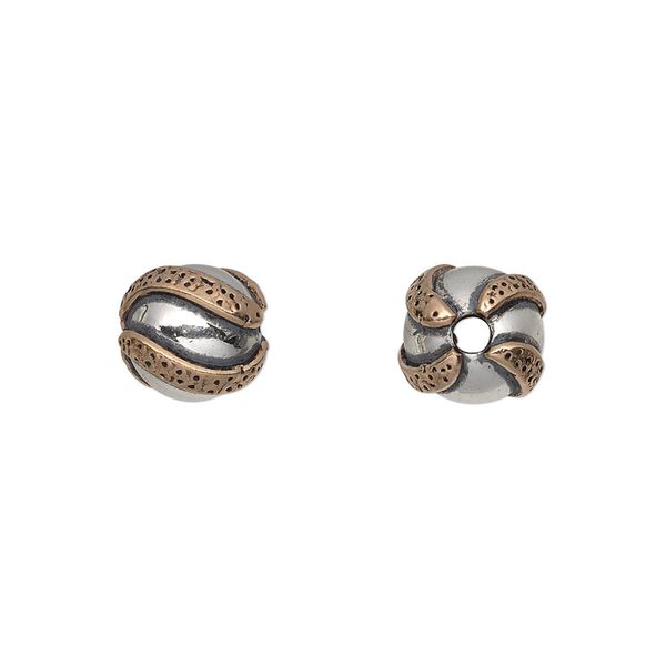 Bead, antiqued sterling silver and copper, 10mm round with textured wave design. Sold individually. image number 0