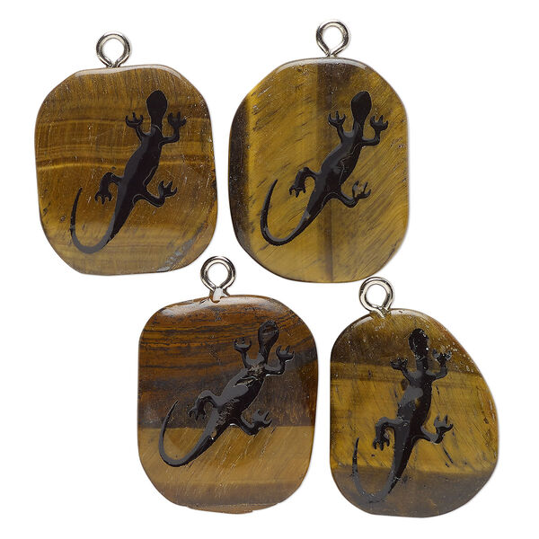 Focal, antique silver-finished steel / tigereye (natural) / enamel, black, 32x24mm-35x28mm freeform with lizard, Mohs hardness 7. Sold individually. image number 0